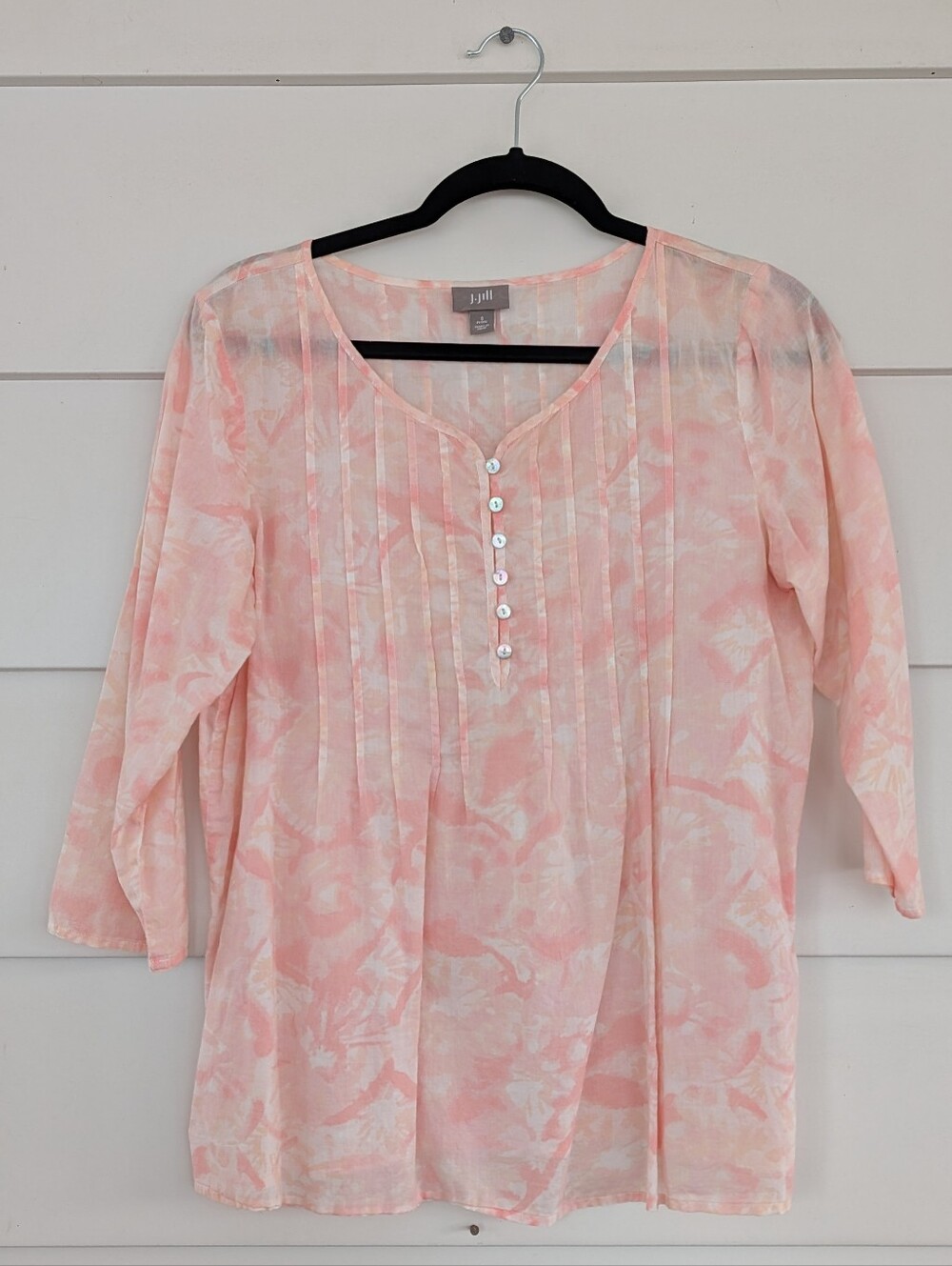 J. Jill Soft Peach-Pink Cotton Elbow-Sleeve Blouse, Small Petite